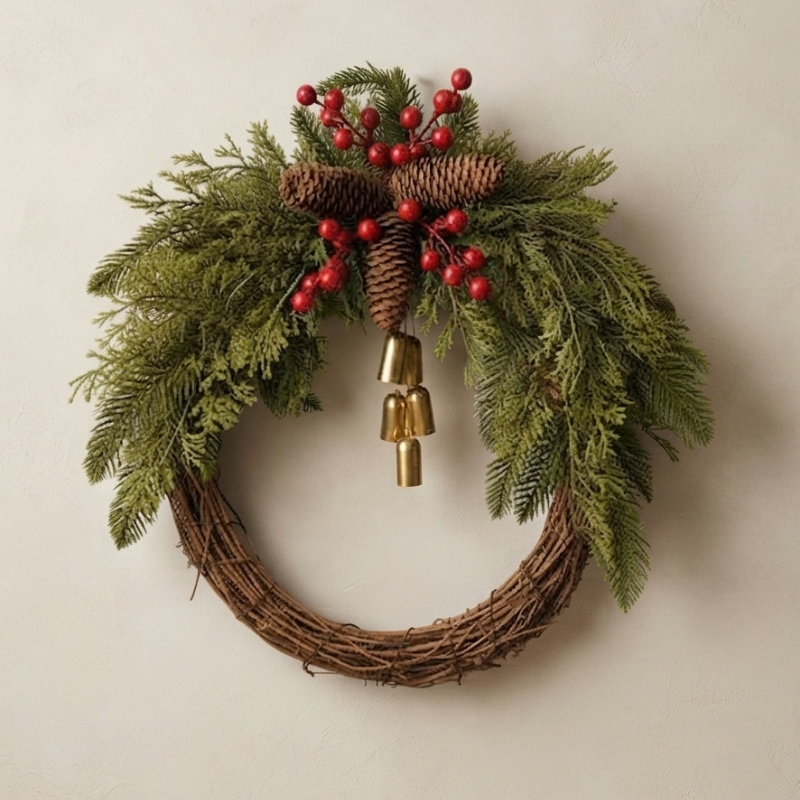 A rustic Christmas wreath made of brown grapevine, decorated with green pine and fir branches, red berries, pinecones, and three hanging gold bells, shown against a plain beige wall.