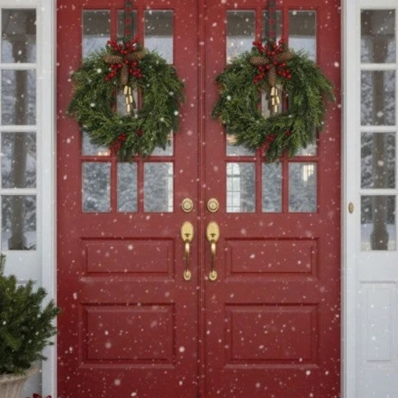A pair of red double front doors with gold hardware, decorated with two green Christmas wreaths featuring red berries and gold bows, with snow gently falling in front.