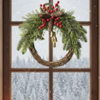 A festive Christmas wreath hanging on a wooden window during a snowy day. The wreath is made of natural grapevine and decorated with green pine branches, red berries, pinecones, and hanging gold bells.