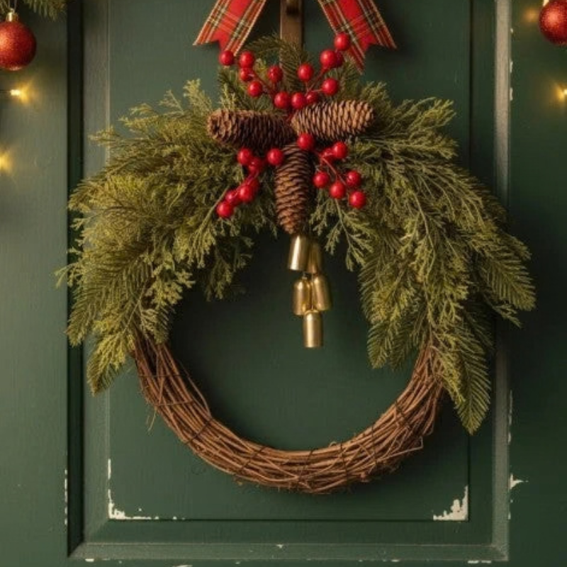 A rustic Christmas wreath made of woven brown branches, decorated with green pine and cedar-like foliage, red berries, pinecones, a red plaid bow, and gold bell ornaments, hanging on a dark green door.