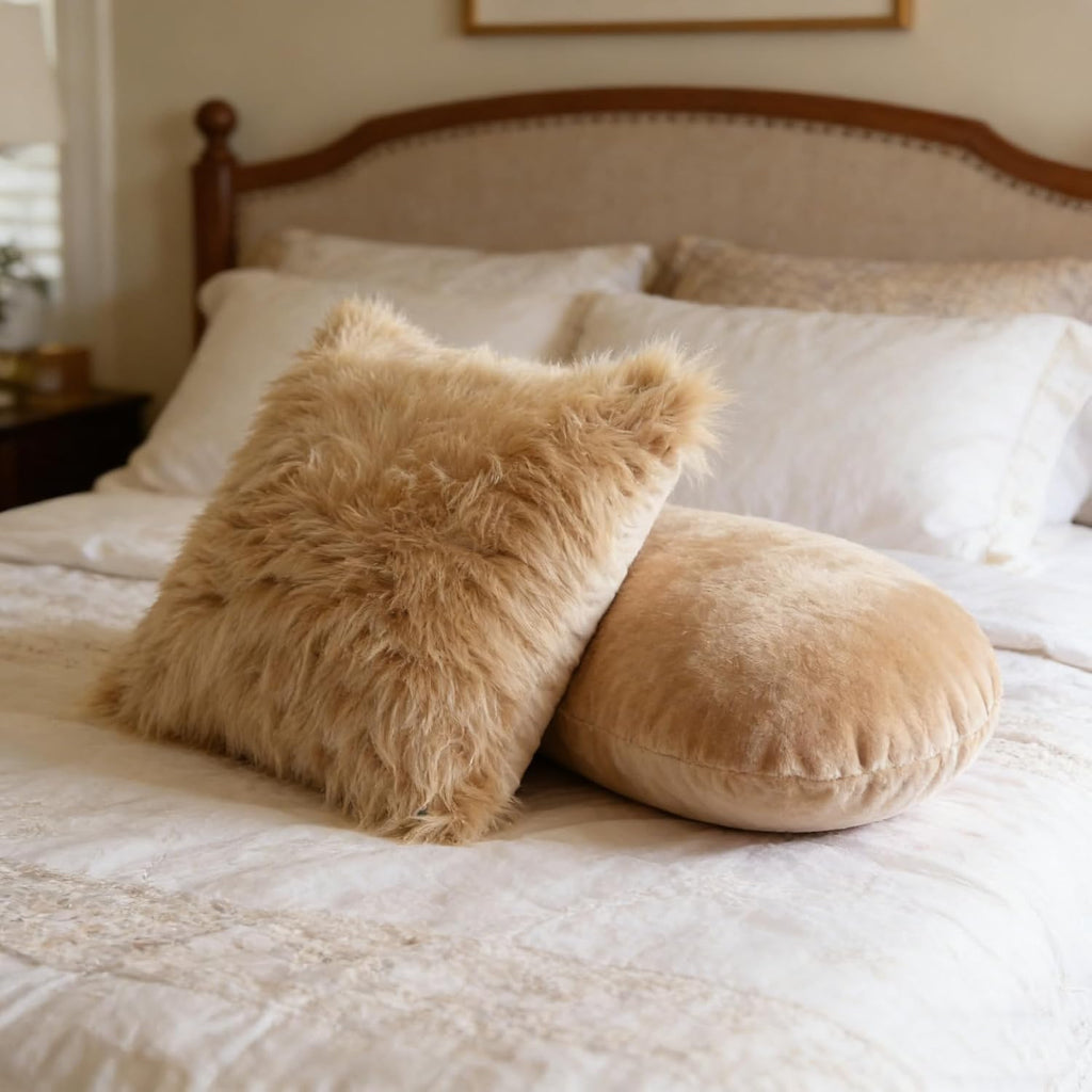 Faux Fur Throw Pillow Covers 20x20 - Soft Beige Decorative Accent 3