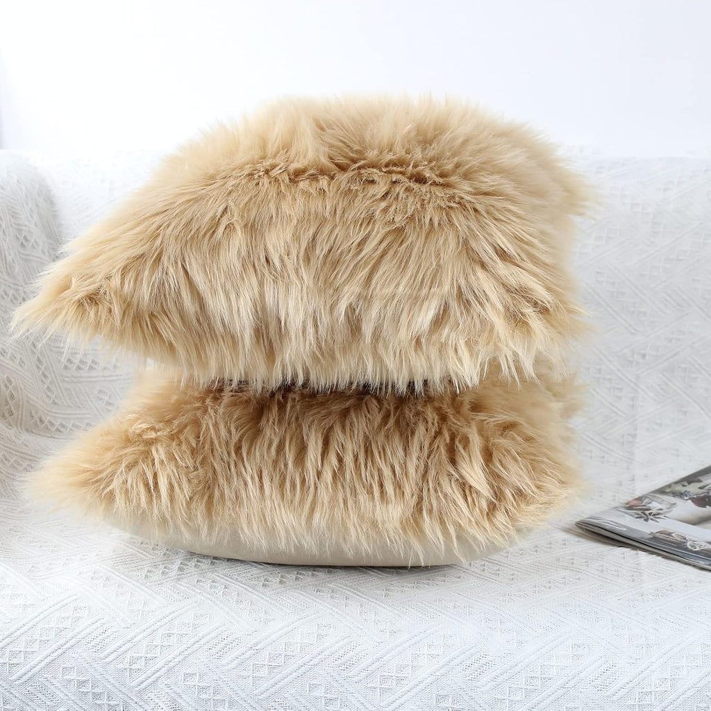 Faux Fur Throw Pillow Covers 20x20 - Soft Beige Decorative Accent 5