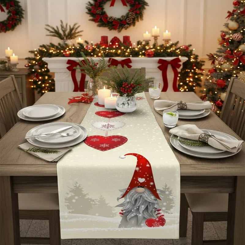Festive Christmas Linen Table Runner with Snowflake Gnome Motif – Textured Fabric for Holiday Décor, 33x150 cm 0