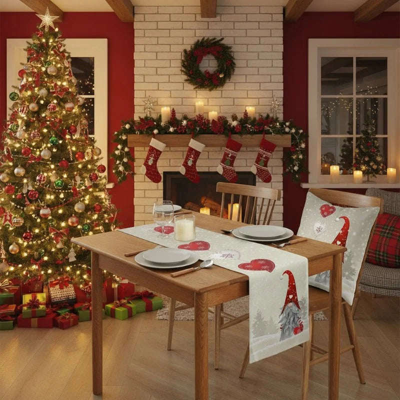 Festive Christmas Linen Table Runner with Snowflake Gnome Motif – Textured Fabric for Holiday Décor, 33x150 cm 3