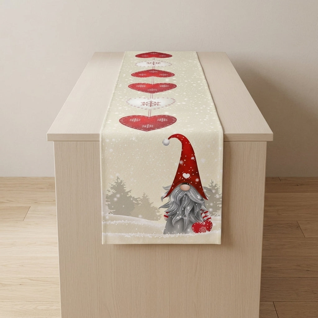 Festive Linen Table Runner with Snowflake Gnome Design 1