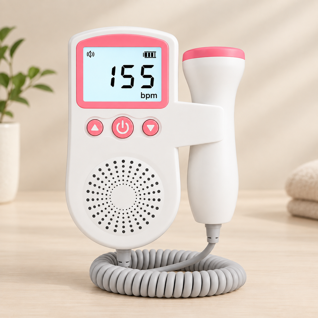 A white and pink digital fetal heart monitor with a coiled cord and a handheld probe, shown on a light wooden surface with a soft neutral background.