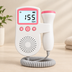 A white and pink digital fetal heart monitor with a coiled cord and a handheld probe, shown on a light wooden surface with a soft neutral background.