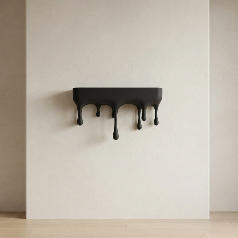 A black wall-mounted shelf with a dripping, melted design, shown against a minimalist beige wall and light wood floor.