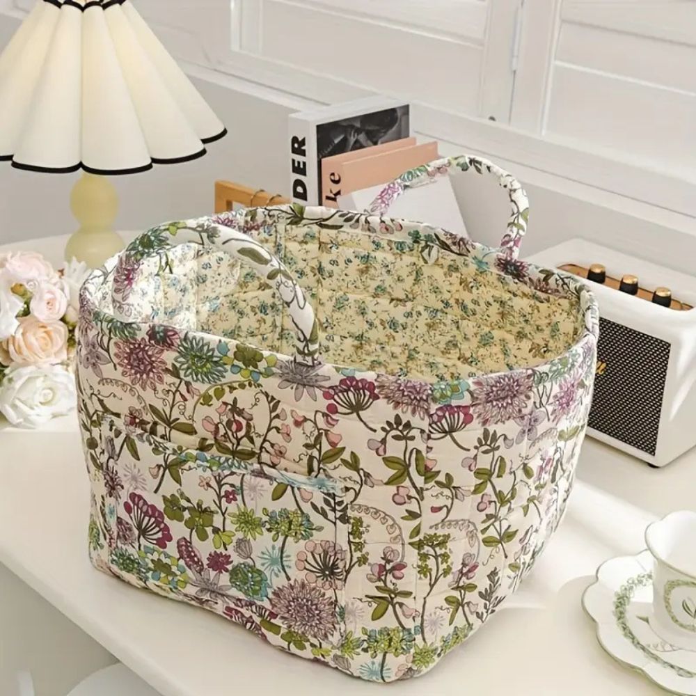 Floral Canvas Storage Basket - Durable & Versatile Laundry Hamper 0