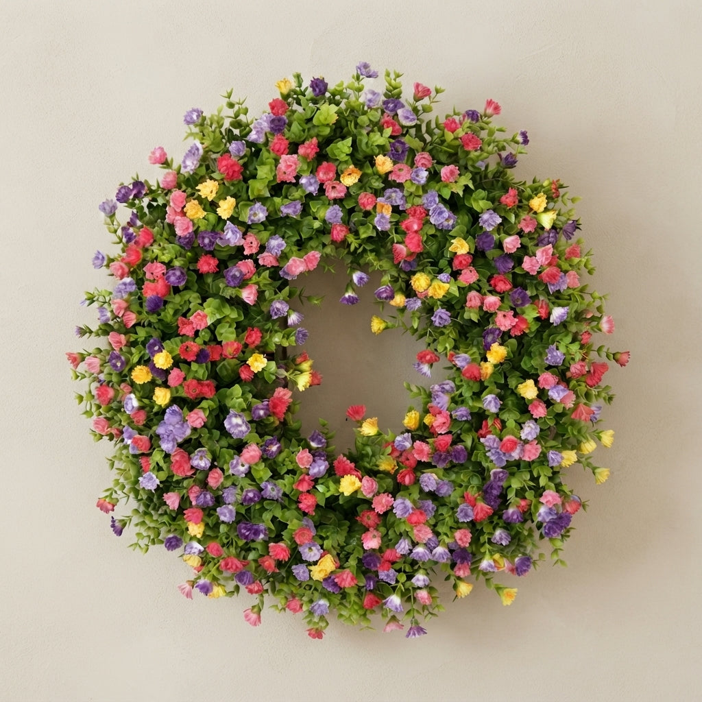 A dense artificial flower wreath featuring small blossoms in pink, purple, yellow, and white mixed with green foliage, photographed against a plain light beige background.