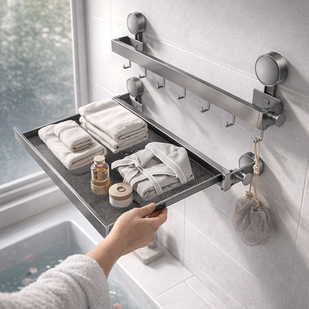 Folding Metal Shelf - Durable Bathroom Storage, Space-Saving Design 1