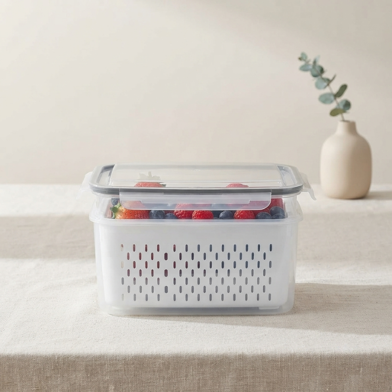 Storage container with lid on a table with a neutral background