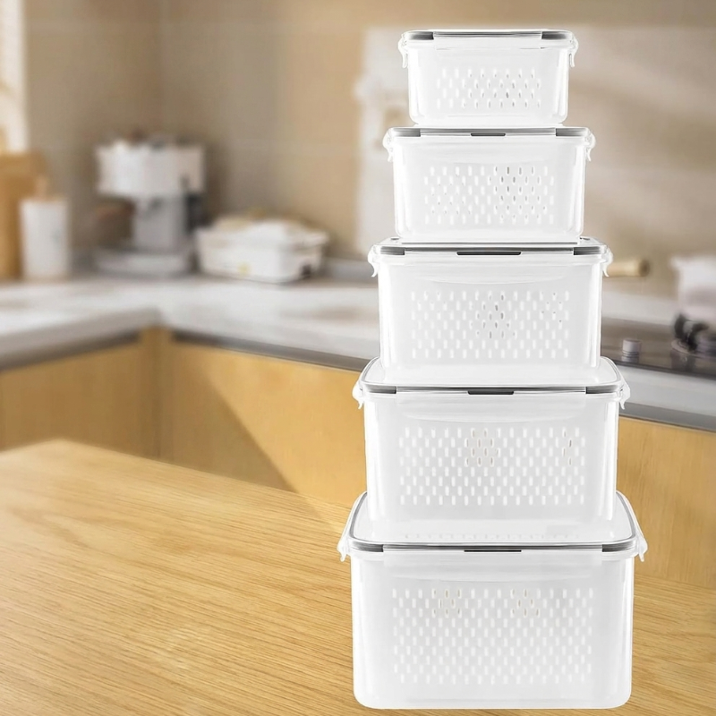 Stack of white storage baskets on a kitchen counter