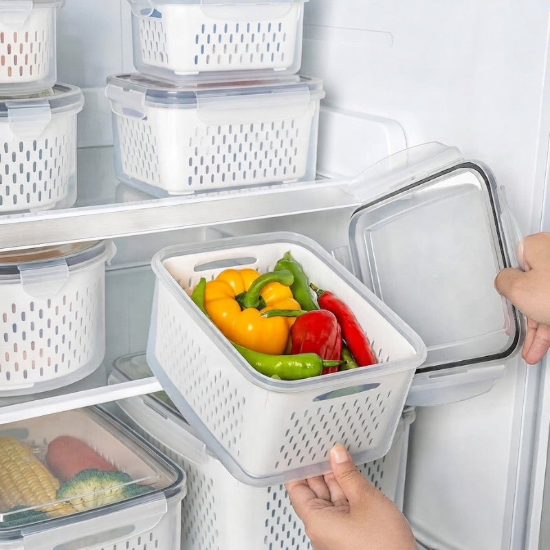 Person holding a container with peppers inside an open refrigerator.