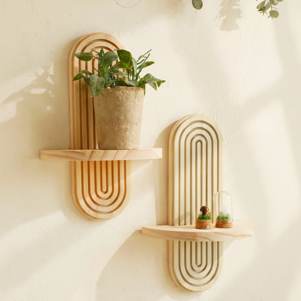 Geometric Floating Wood Shelves - Stylish Wall Storage for Boho Decor 0