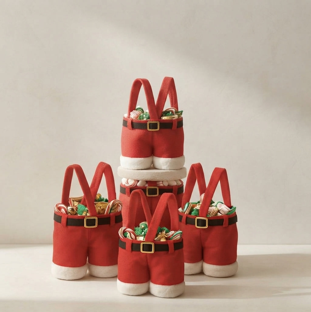 A set of miniature red Santa-style boot-shaped candy bags with white faux fur trim, black faux belt details, and gold buckle accents, arranged in a pyramid stack on a light beige background.