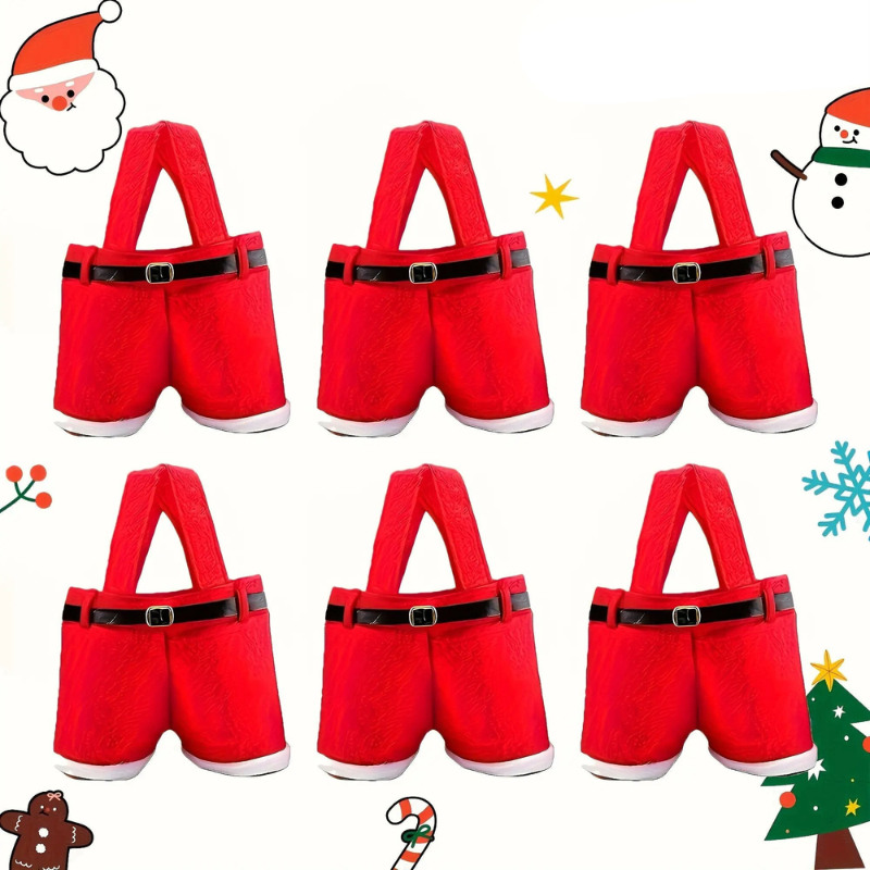 Six pairs of red Santa-themed shorts with faux fur trim and black faux-leather belts, arranged in a 3x2 grid on a white background with Christmas-themed cartoon decorations around the edges.