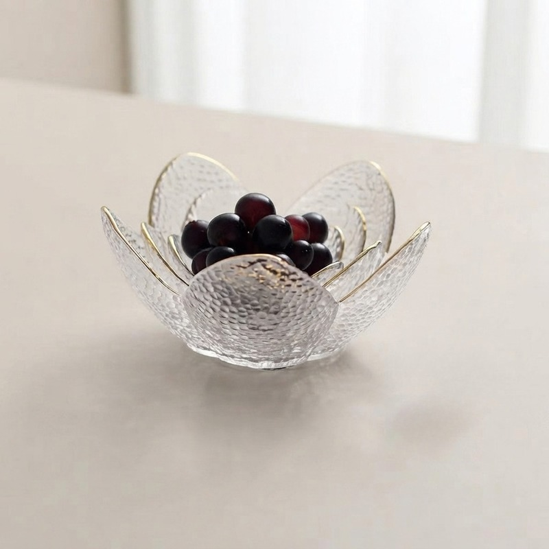 Glass Flower Petal Bowls Textured Glass Golden Rim  1