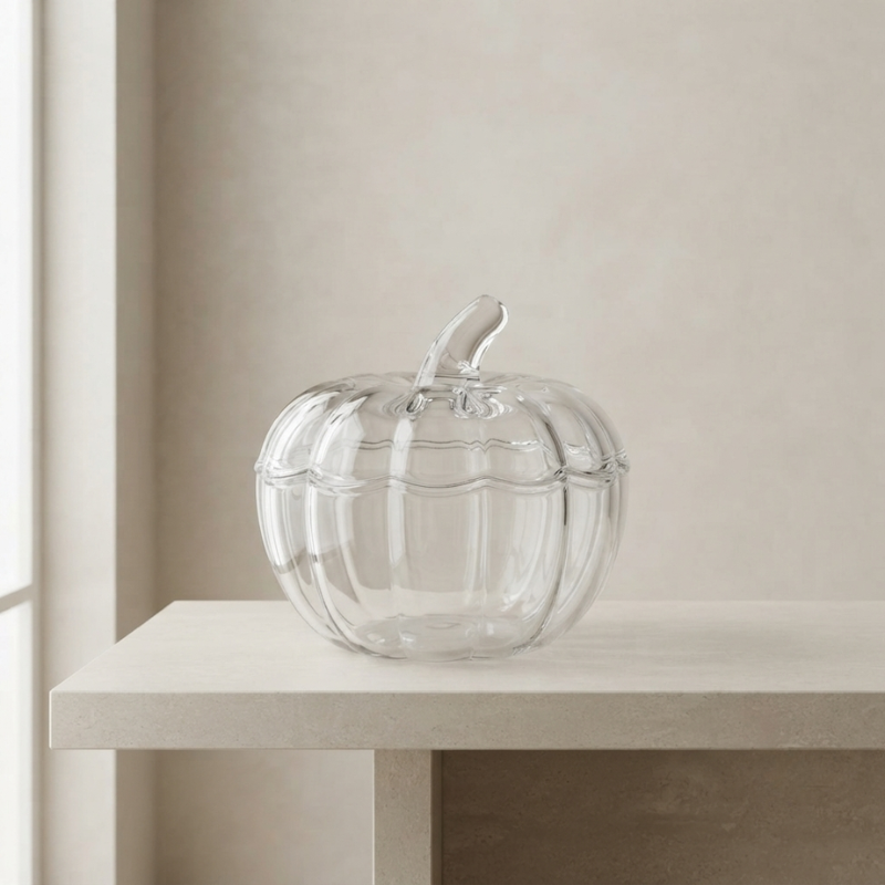 A clear ribbed glass pumpkin-shaped container with a matching glass lid and stem, displayed on a light beige table against a neutral beige wall.