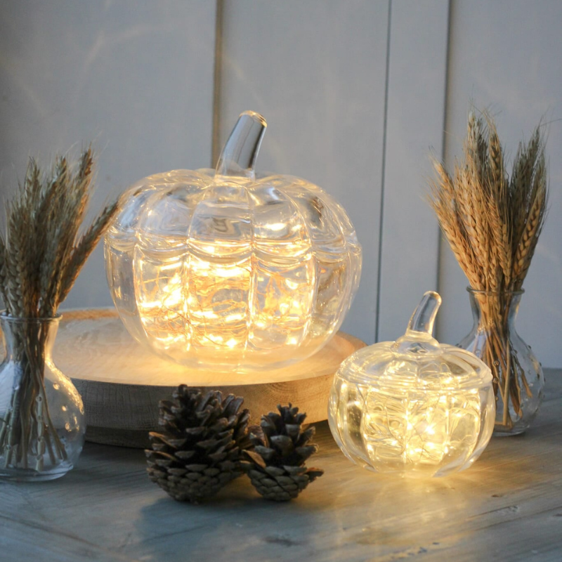 Two clear glass pumpkin-shaped LED fairy light lamps glowing with warm yellow light, styled on a tabletop with dried wheat in glass vases and pinecones against a light paneled background.