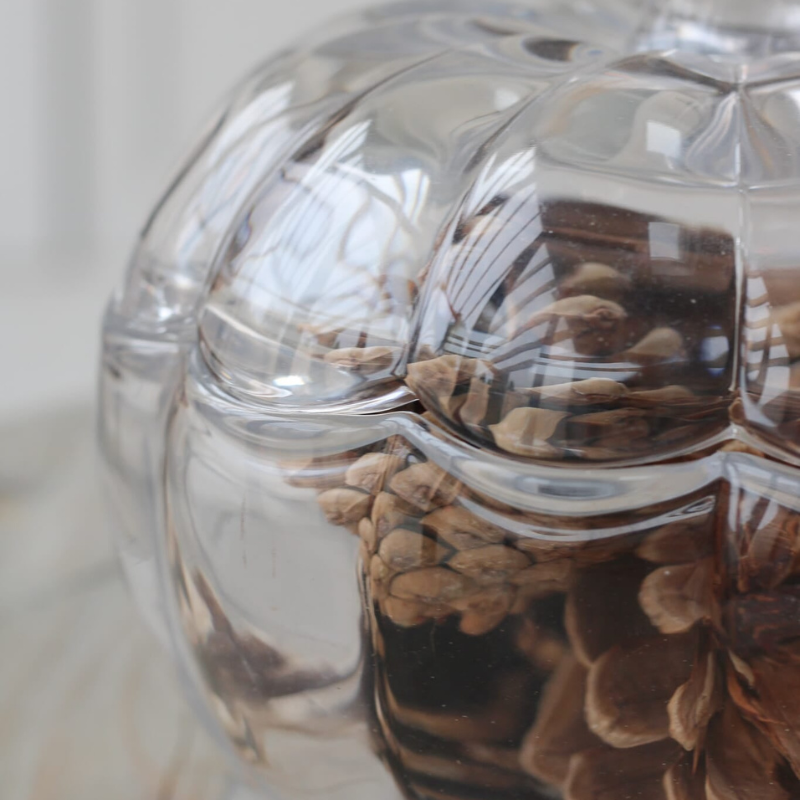 A close-up of a clear glass pumpkin-shaped container filled with light brown pinecones, set against a soft, out-of-focus neutral background.