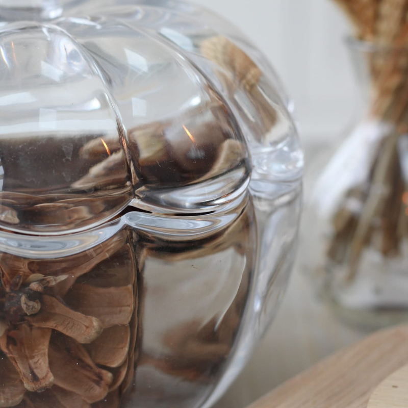 A close-up of a clear glass pumpkin-shaped container with a lid, filled with dried brown botanicals, set against a softly blurred indoor background.