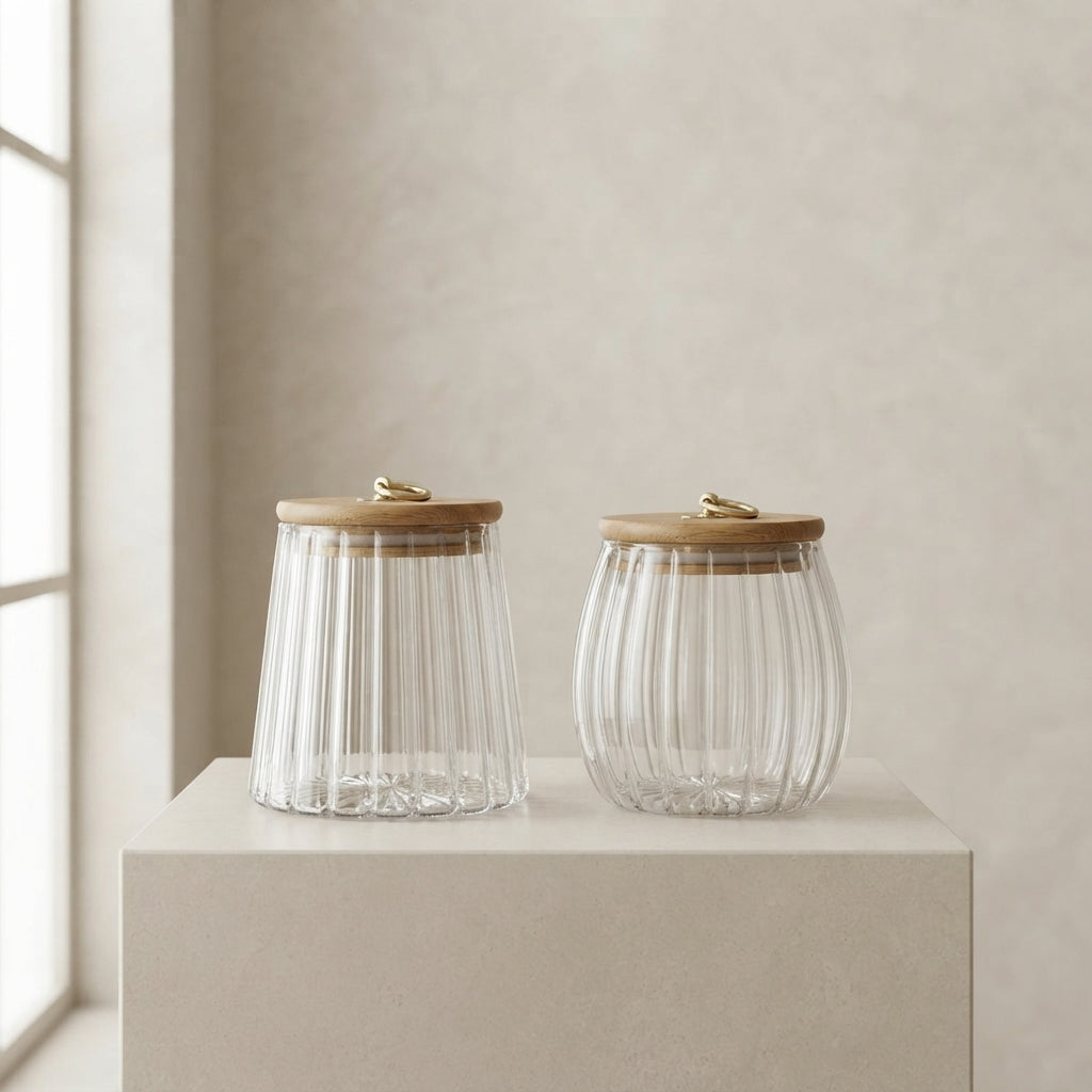 Two ribbed clear glass jars with light wood lids and small gold metal pulls, displayed on a beige pedestal against a neutral beige wall.