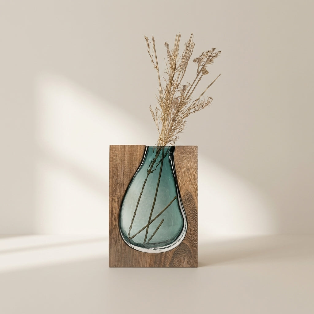 Glass Vase with Wooden Base, Clear Glass, 24 or 32 cm Height 0