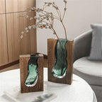 Glass Vase with Wooden Base, Clear Glass, 24 or 32 cm Height 1