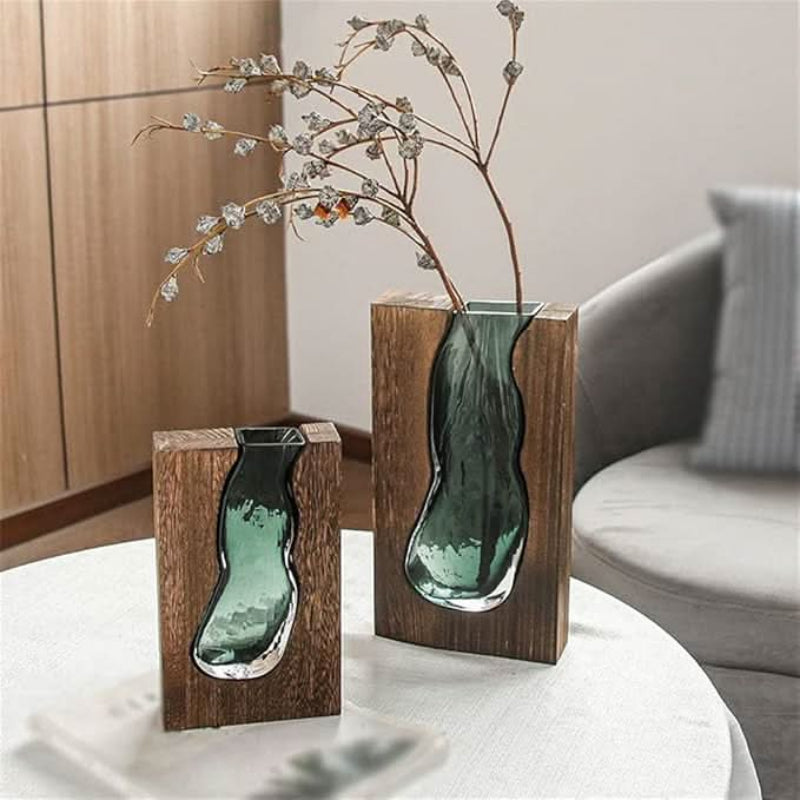 Glass Vase with Wooden Base, Clear Glass, 24 or 32 cm Height 1