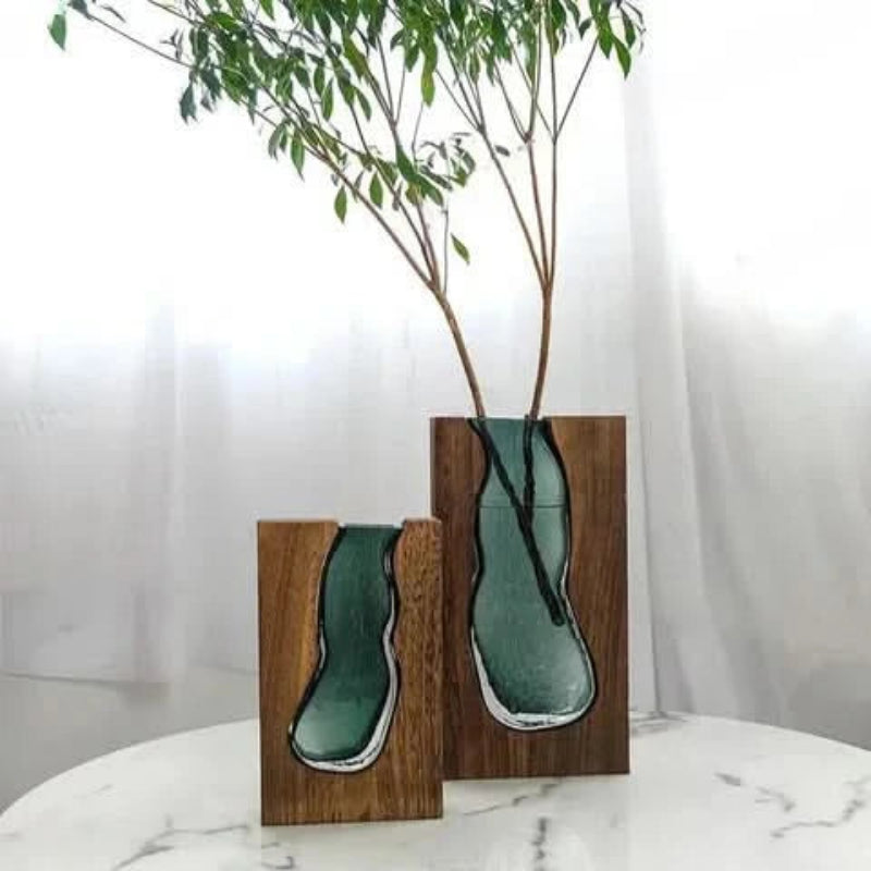 Glass Vase with Wooden Base, Clear Glass, 24 or 32 cm Height 3