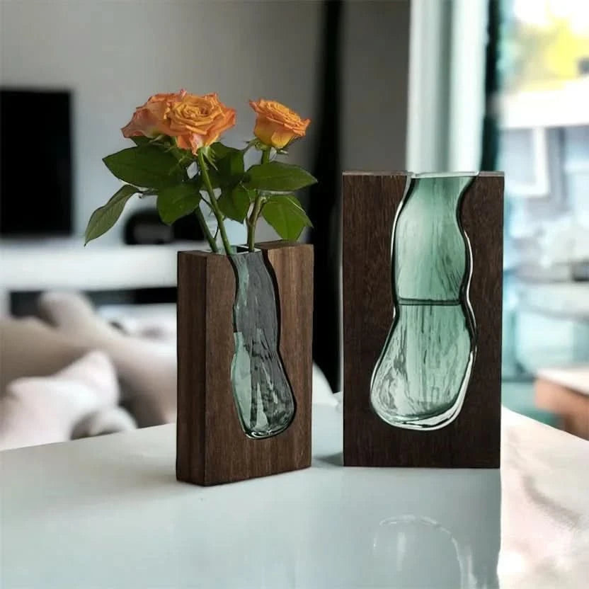 Glass Vase with Wooden Base, Clear Glass, 24 or 32 cm Height 4