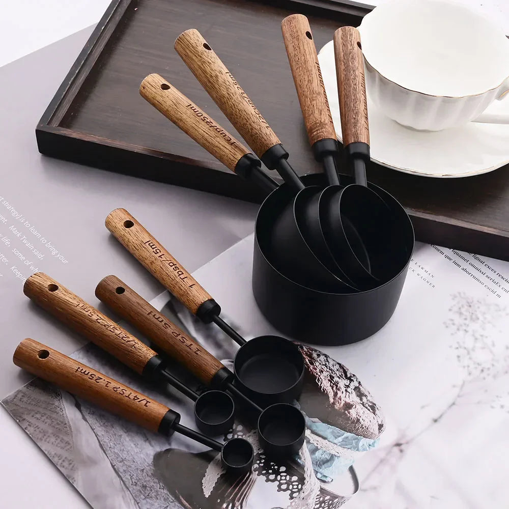 Gold Stainless Steel Measuring Cups and Spoons Set with Wooden Handles – 4 Measuring Cups and 4 Measuring Spoons 1