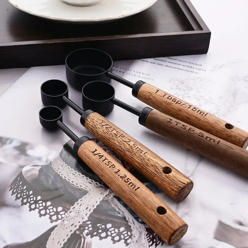 Gold Stainless Steel Measuring Cups and Spoons Set with Wooden Handles – 4 Measuring Cups and 4 Measuring Spoons 2