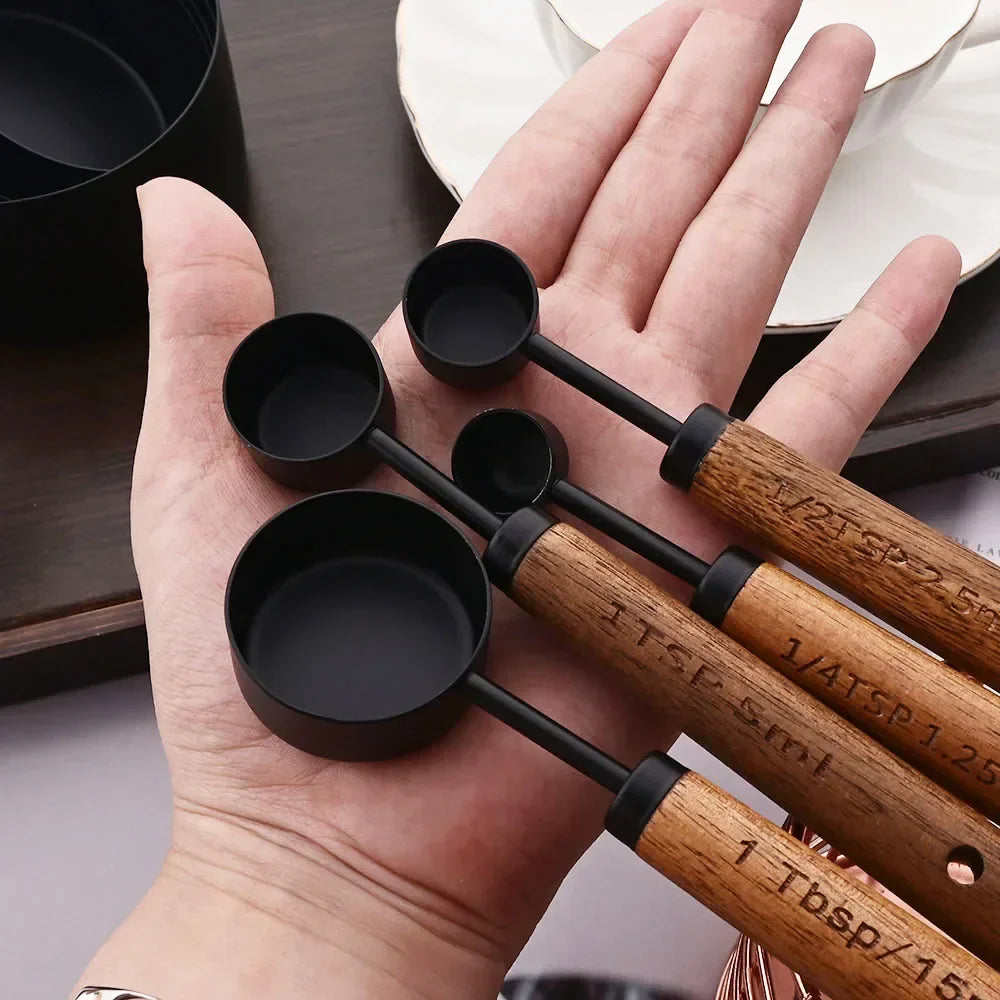 Gold Stainless Steel Measuring Cups and Spoons Set with Wooden Handles – 4 Measuring Cups and 4 Measuring Spoons 3