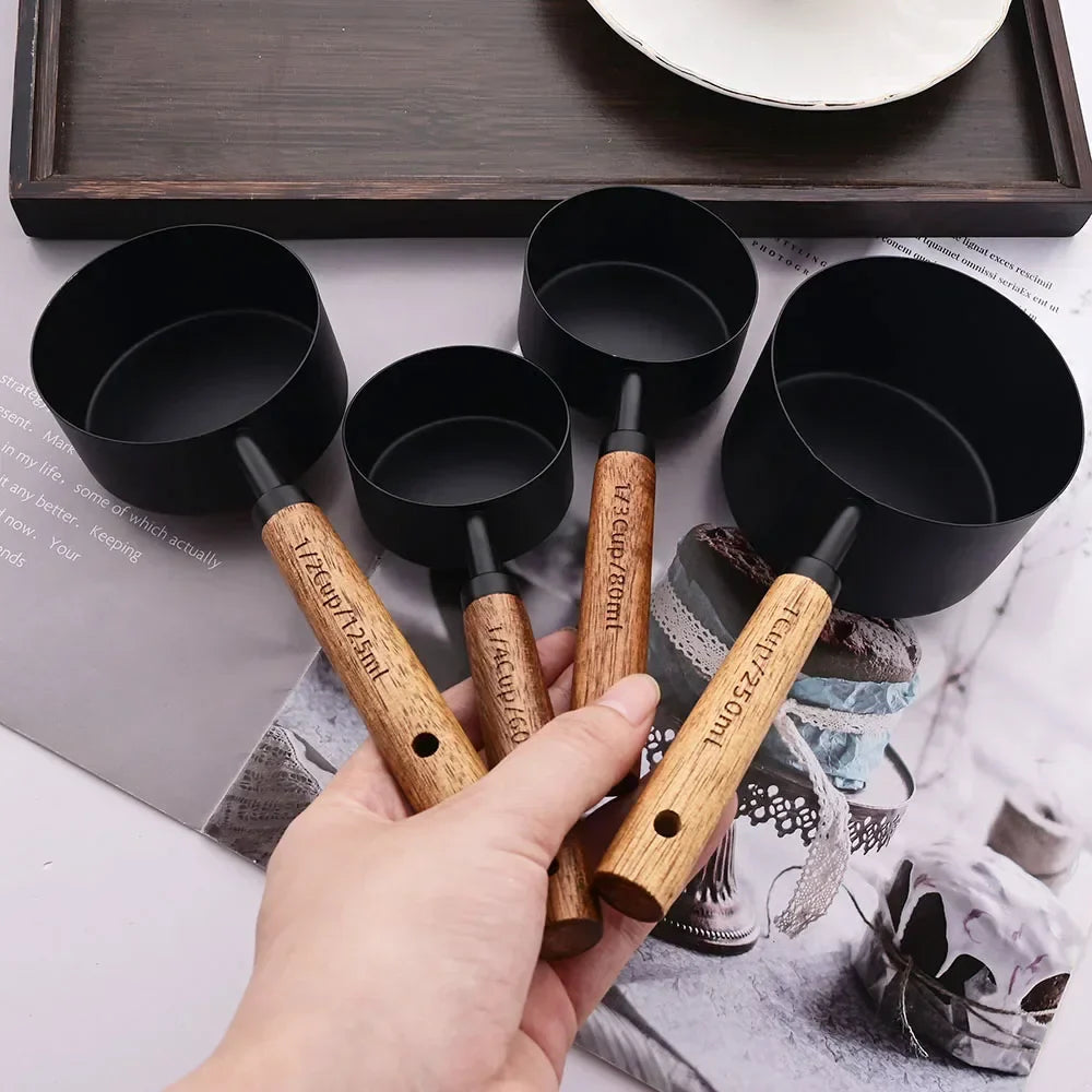 Gold Stainless Steel Measuring Cups and Spoons Set with Wooden Handles – 4 Measuring Cups and 4 Measuring Spoons 4