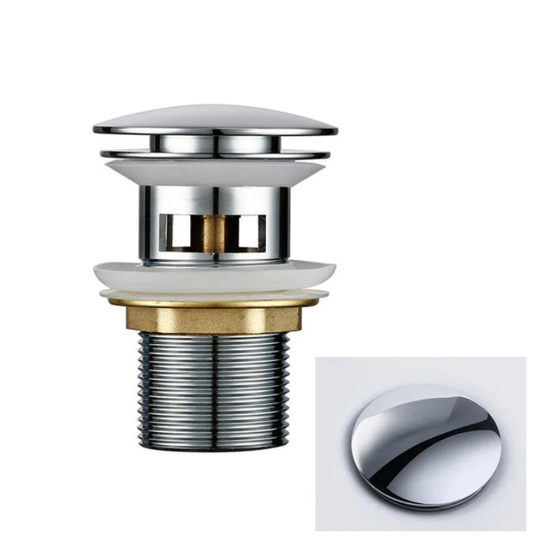 Polished chrome sink drain with overflow on a white background