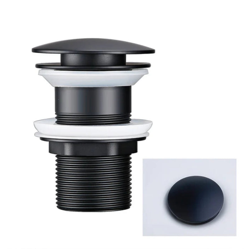 Matt black sink drain without overflow on a white background