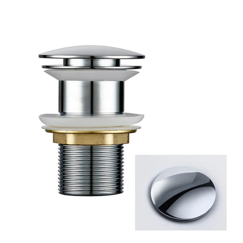 Polished chrome sink drain without overflow on a white background