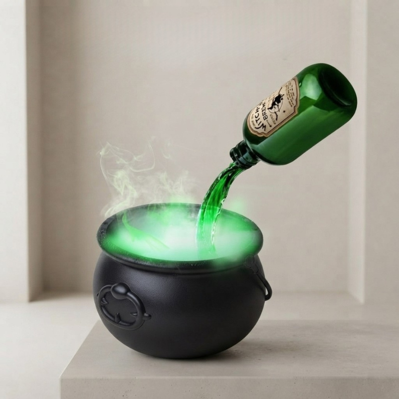 A black cauldron-shaped diffuser or lamp emitting a glowing green mist, with a green glass bottle pouring more green liquid into it, set against a neutral beige background.