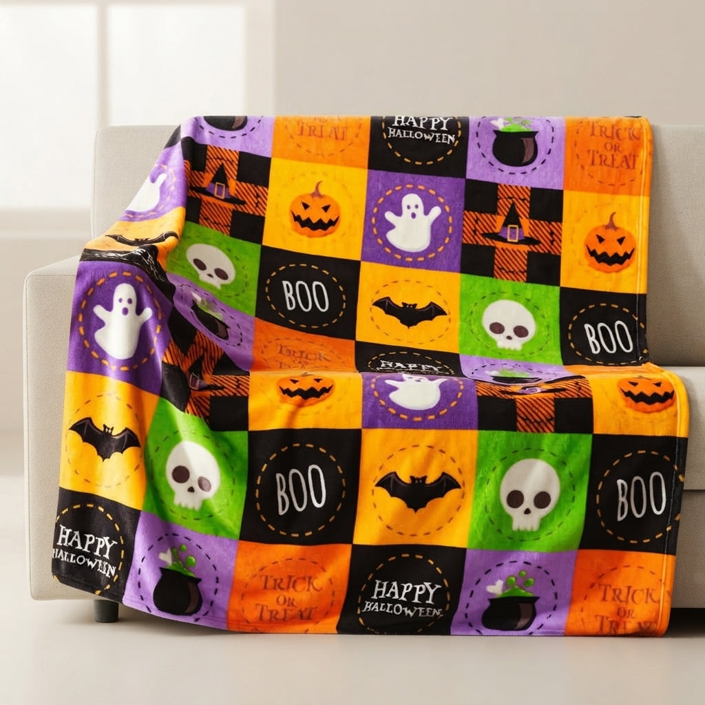 A multicolor Halloween-themed throw blanket draped over a white armchair. The blanket features a patchwork design of orange, purple, green, black, and yellow squares with illustrations of jack-o'-lanterns, ghosts, skulls, bats, cauldrons, and text reading 'Happy Halloween' and 'Trick or Treat'.