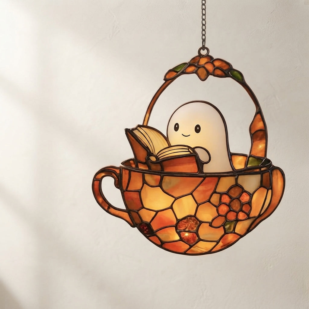 A stained glass hanging ornament shaped like a teacup basket with a smiling ghost reading a book, suspended by a chain against a light wall.