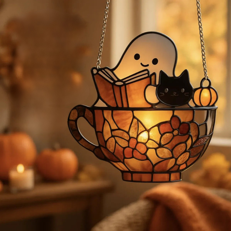 A hanging stained-glass style Halloween ornament shaped like a teacup with a smiling ghost reading a book and a black cat peeking out, glowing with warm amber light in a cozy autumn room.