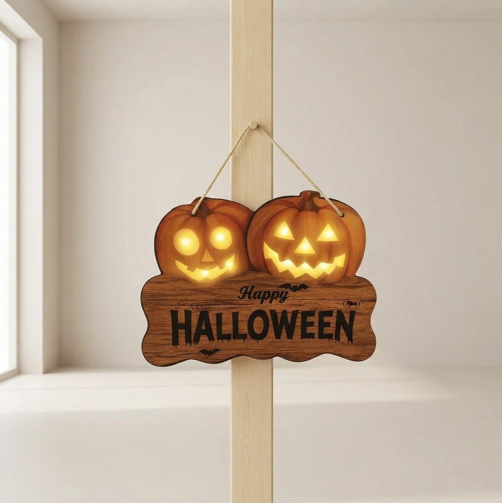 Halloween Sign Wooden Lighted Jack O Lantern Hanging Decoration1