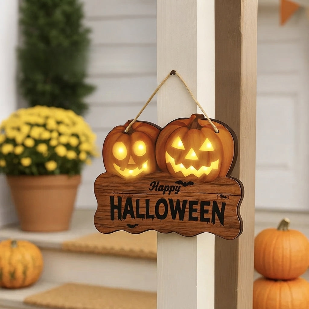 A wooden Halloween hanging sign with two glowing jack-o'-lantern faces and the words 'Happy HALLOWEEN' in black, suspended by a rope in front of a porch door. Pumpkins and potted flowers are visible in the background.