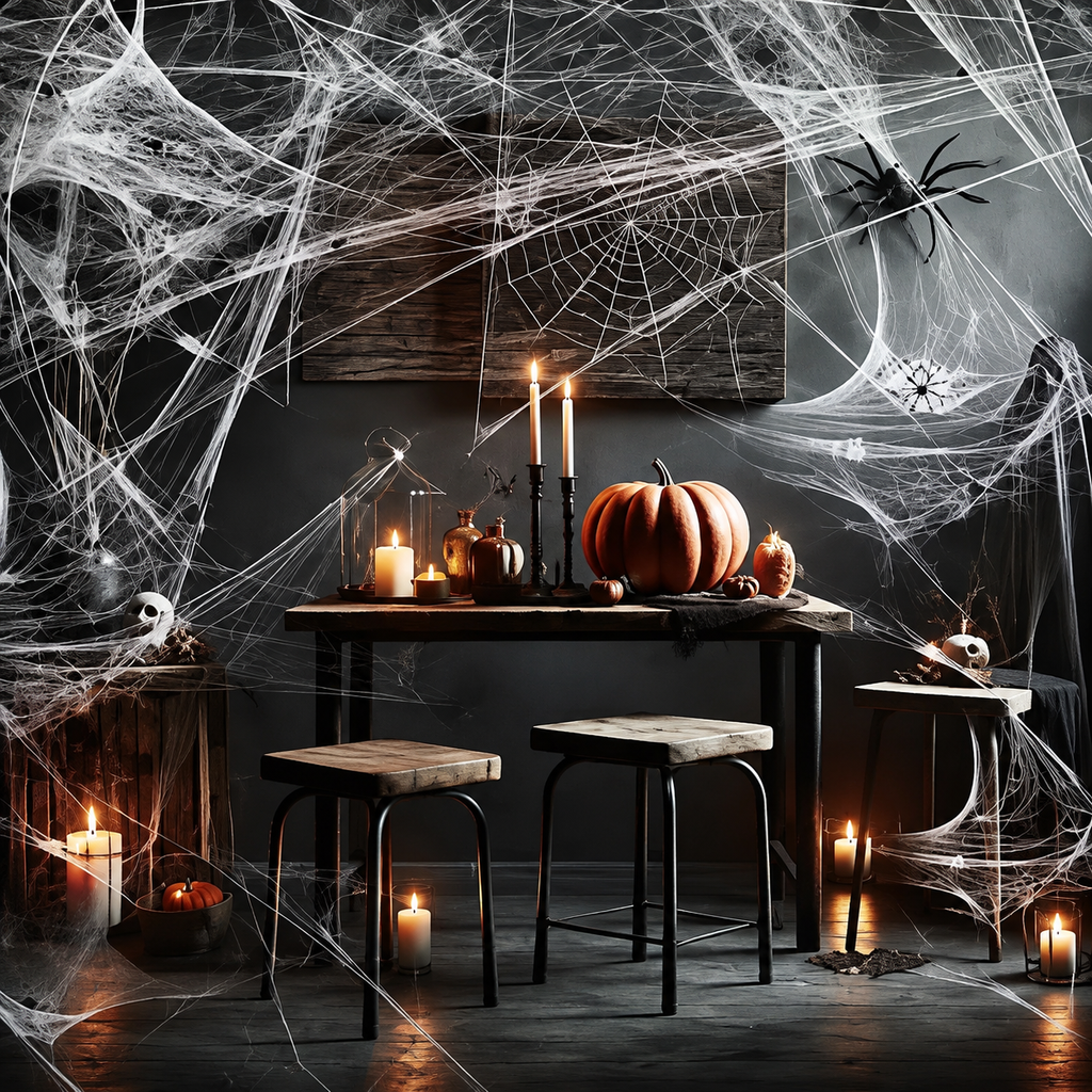 A dark, atmospheric Halloween scene with a wooden table covered in white spiderwebs, candles, pumpkins, skulls, and a large spider decoration on the wall.