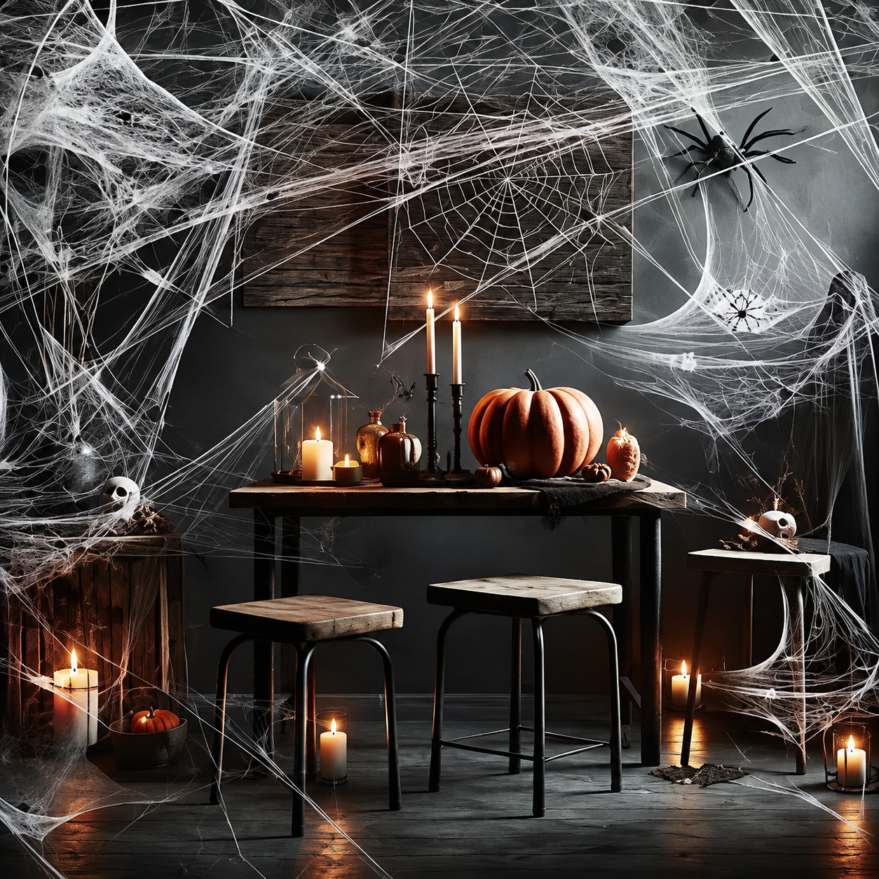 A dark, atmospheric Halloween scene with a wooden table covered in white spiderwebs, candles, pumpkins, skulls, and a large spider decoration on the wall.
