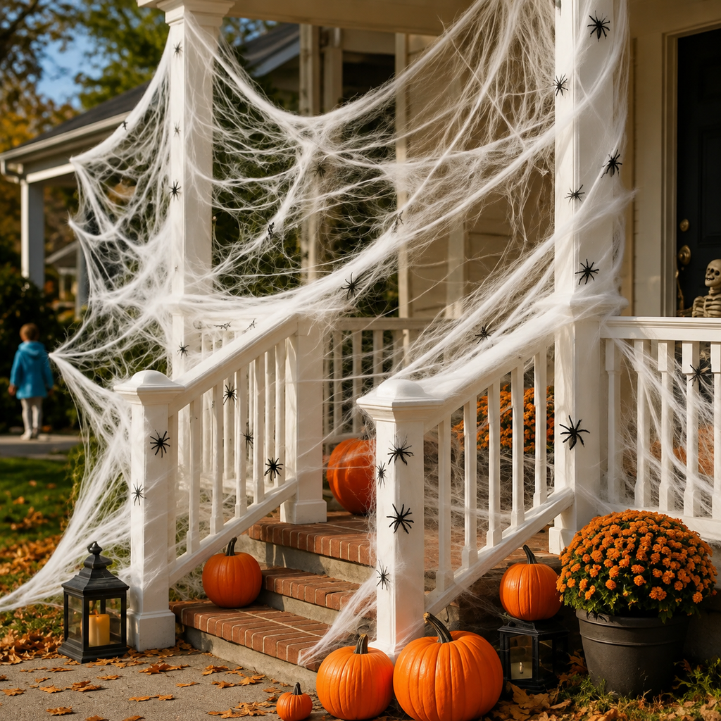 A front porch decorated for Halloween with draped white spiderwebs, black spider decals, brick steps, orange pumpkins, black lanterns, and a potted mums flower. A child is visible walking in the background on the lawn.