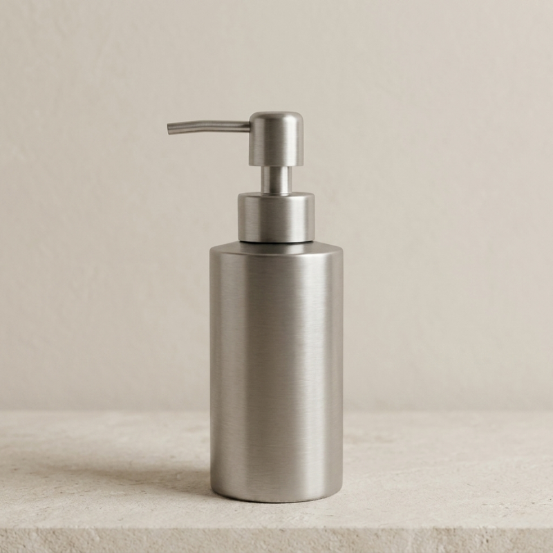 Metallic soap dispenser on a beige surface with a neutral background