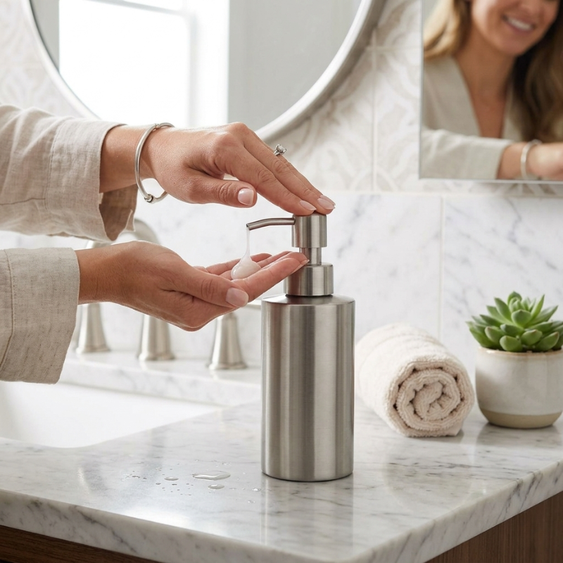 Person using a silver soap dispenser on a marble countertop with a mirror and towel in the background.